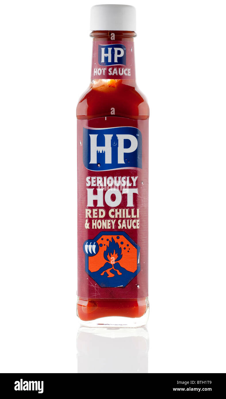 Bottle of HP seriously hot red chilli and honey sauce Stock Photo