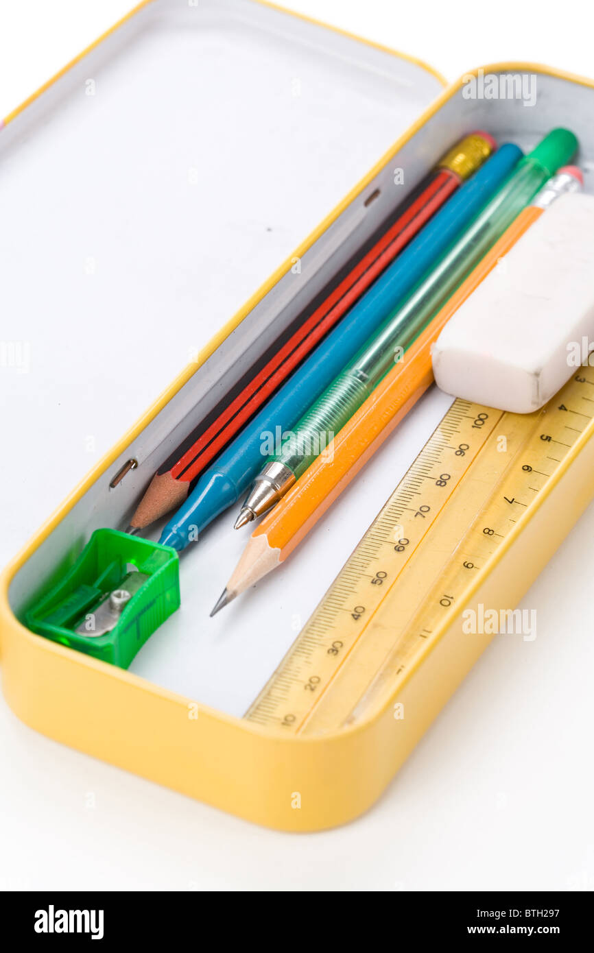 Metal pencil case white background hi-res stock photography and