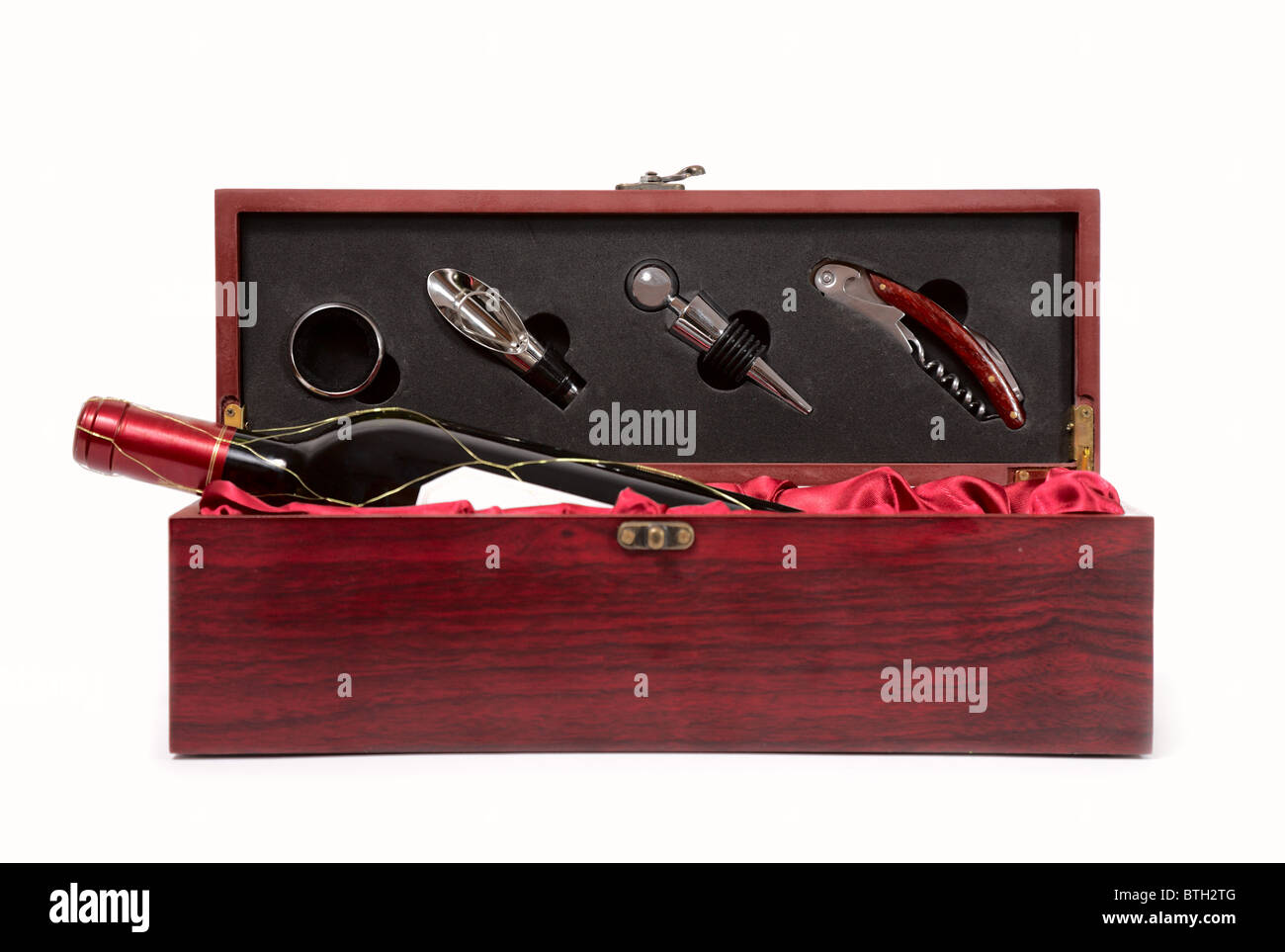 bottle of wine in box with accessories Stock Photo Alamy