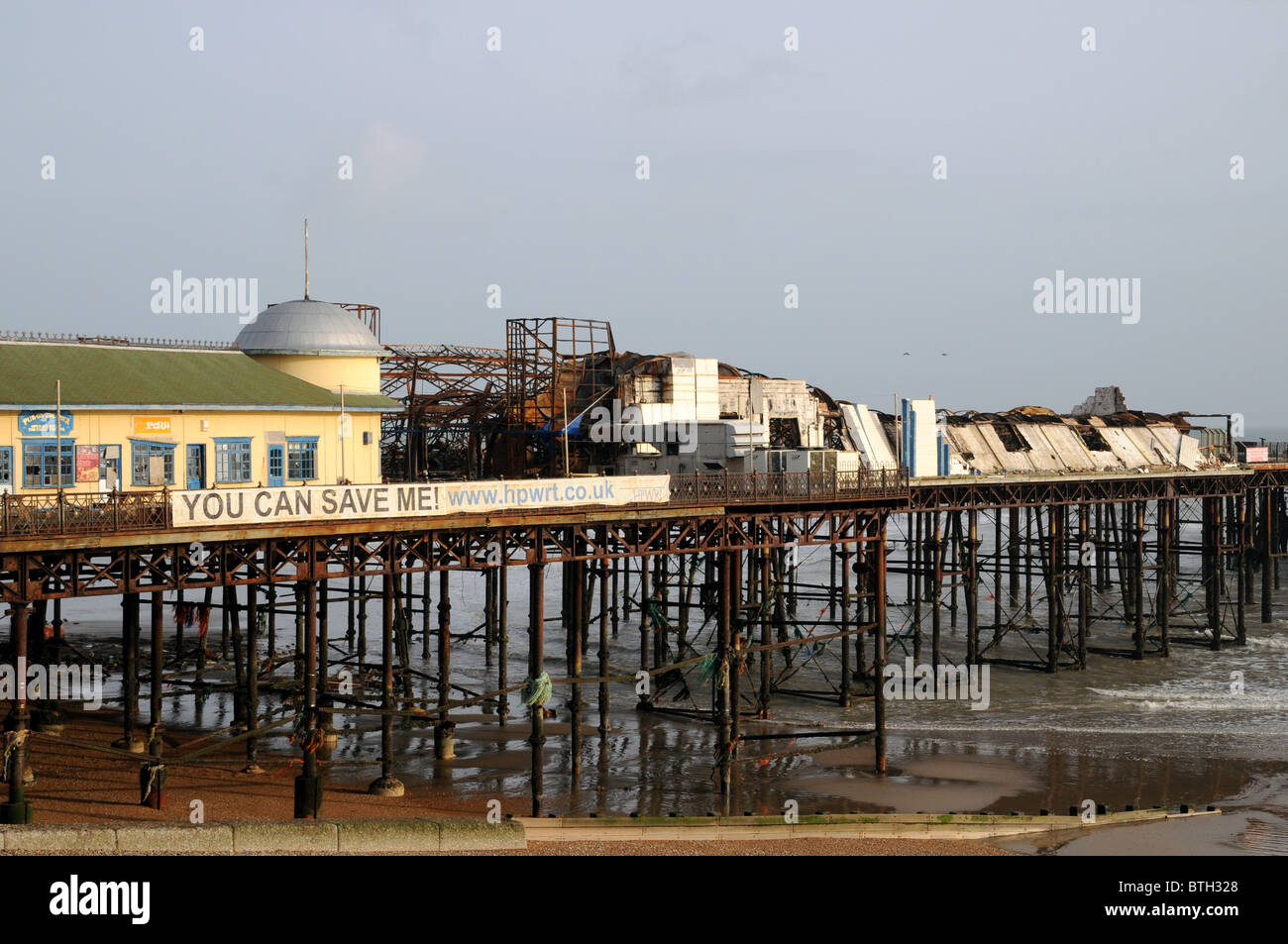 Hastings pier, from the west, after the catastrophic fire of 5th October 2010 and prior to its subsequent changes of ownership and renovation. Stock Photo