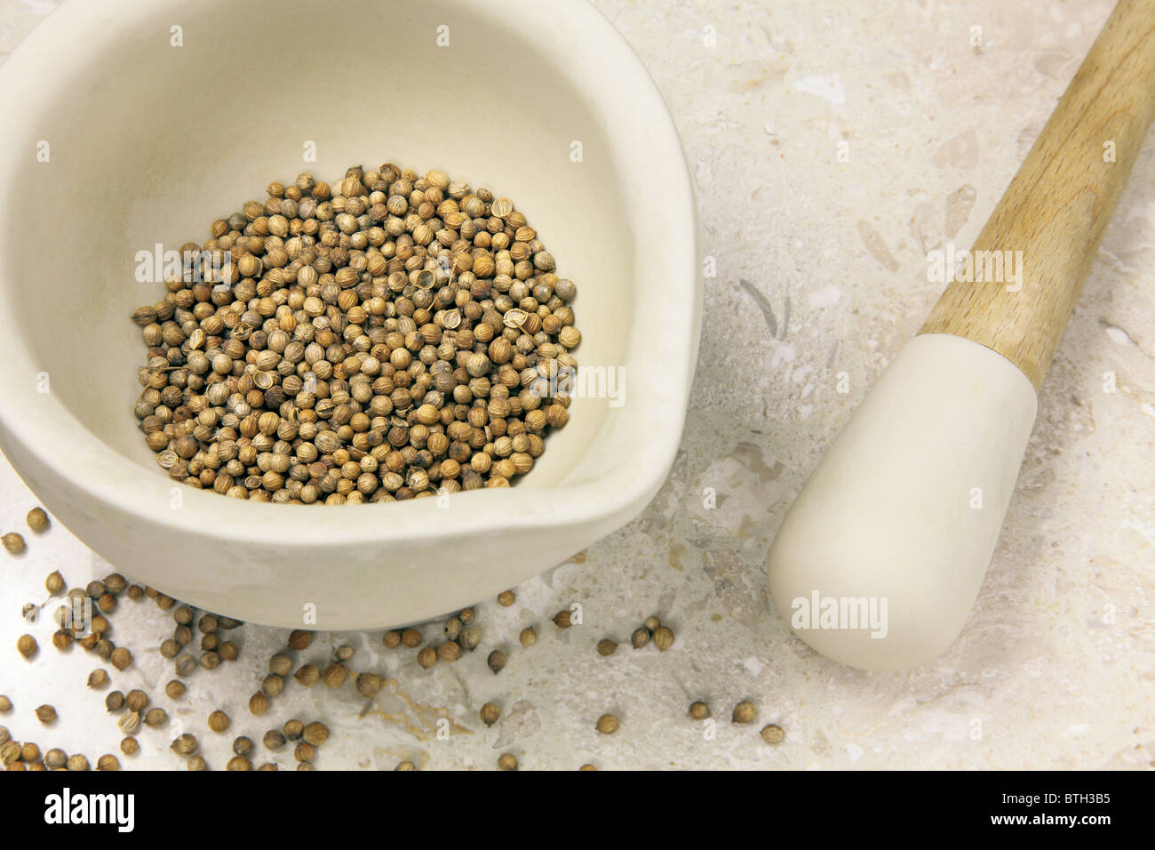 Coriander seeds in pestle and mortar Stock Photo