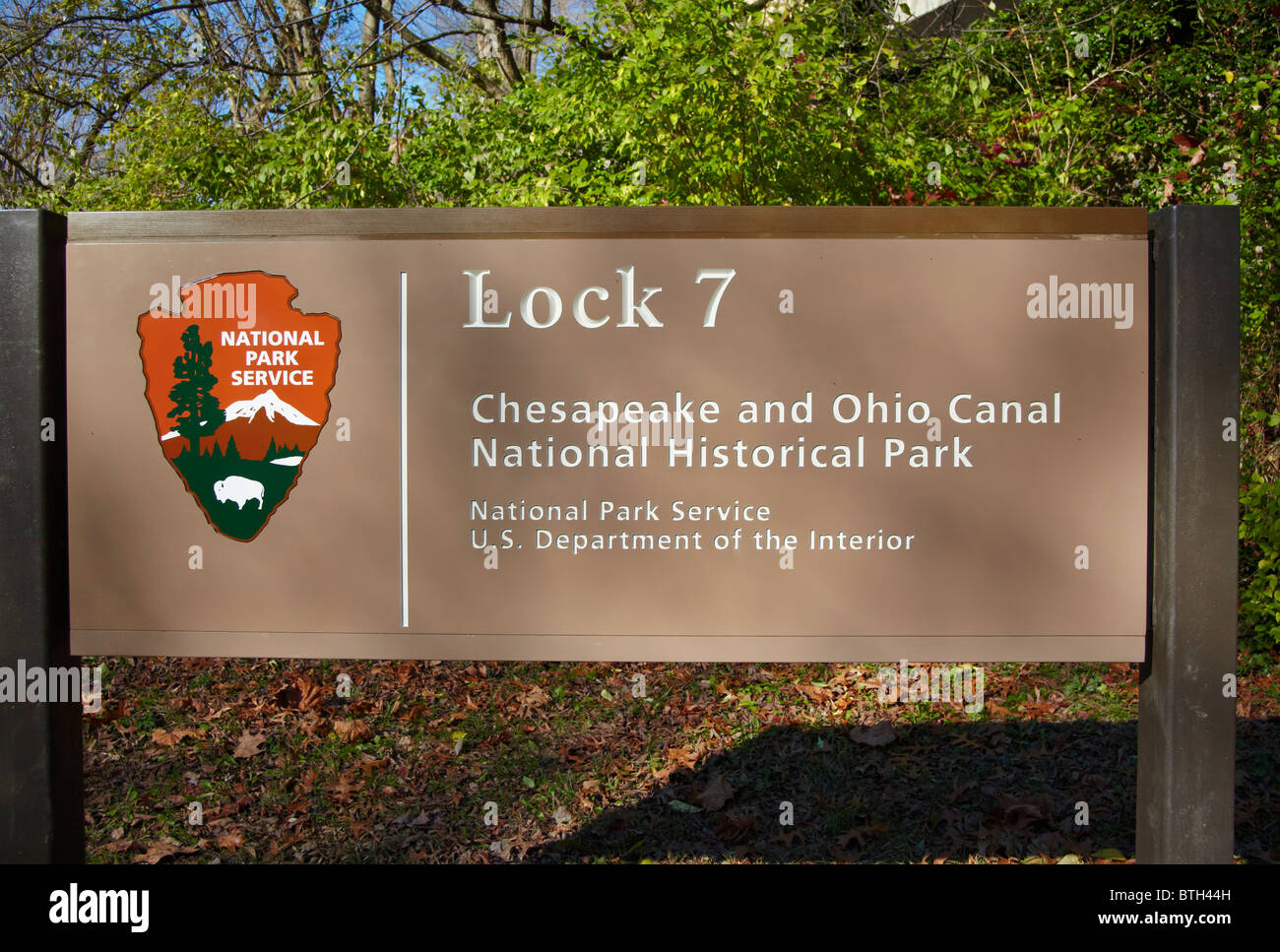 The sign at the entrance to the Lock 7 area of the C&O Canal. Stock Photo
