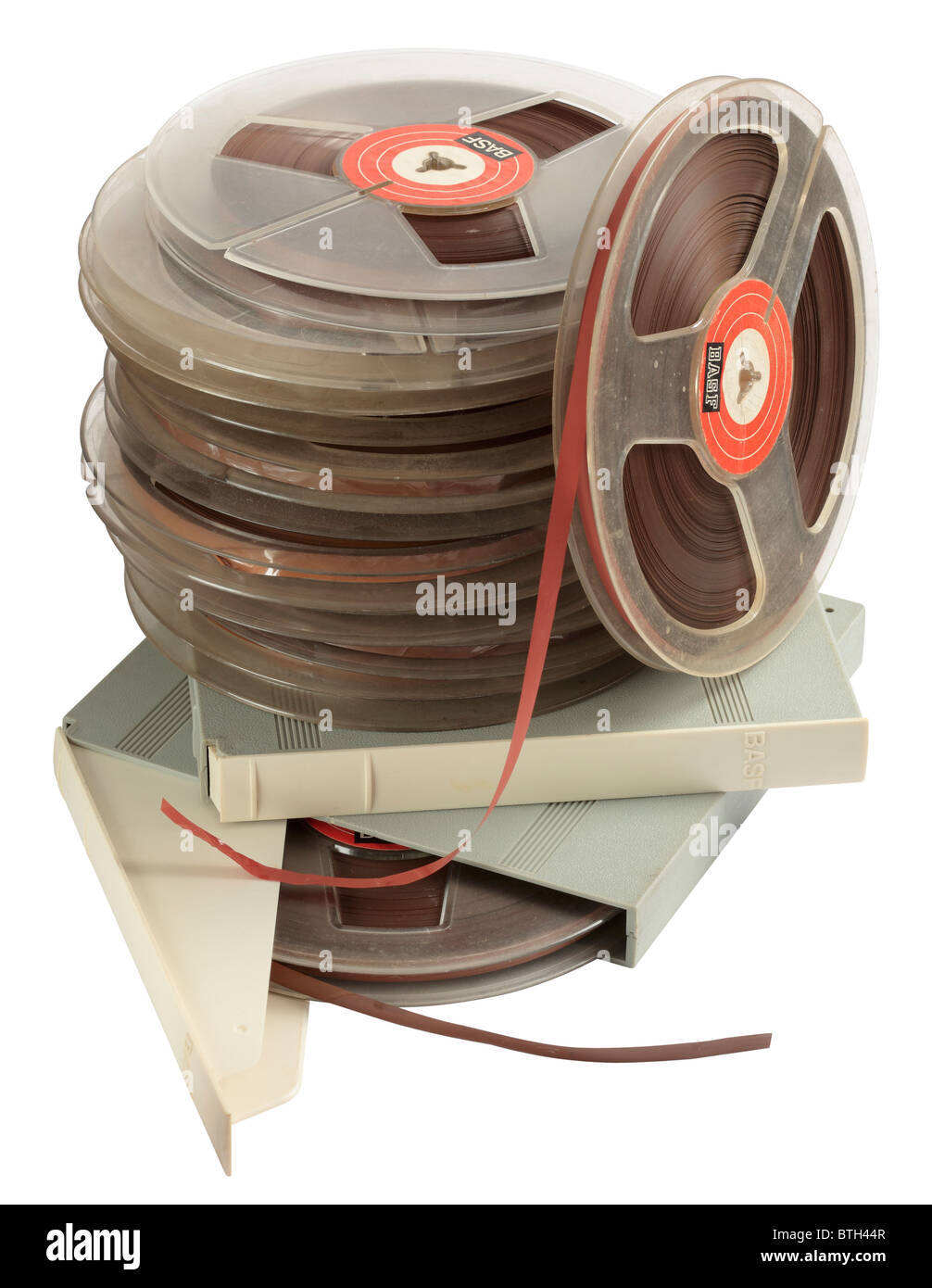 Old reel to reel magnetic recording tapes Stock Photo