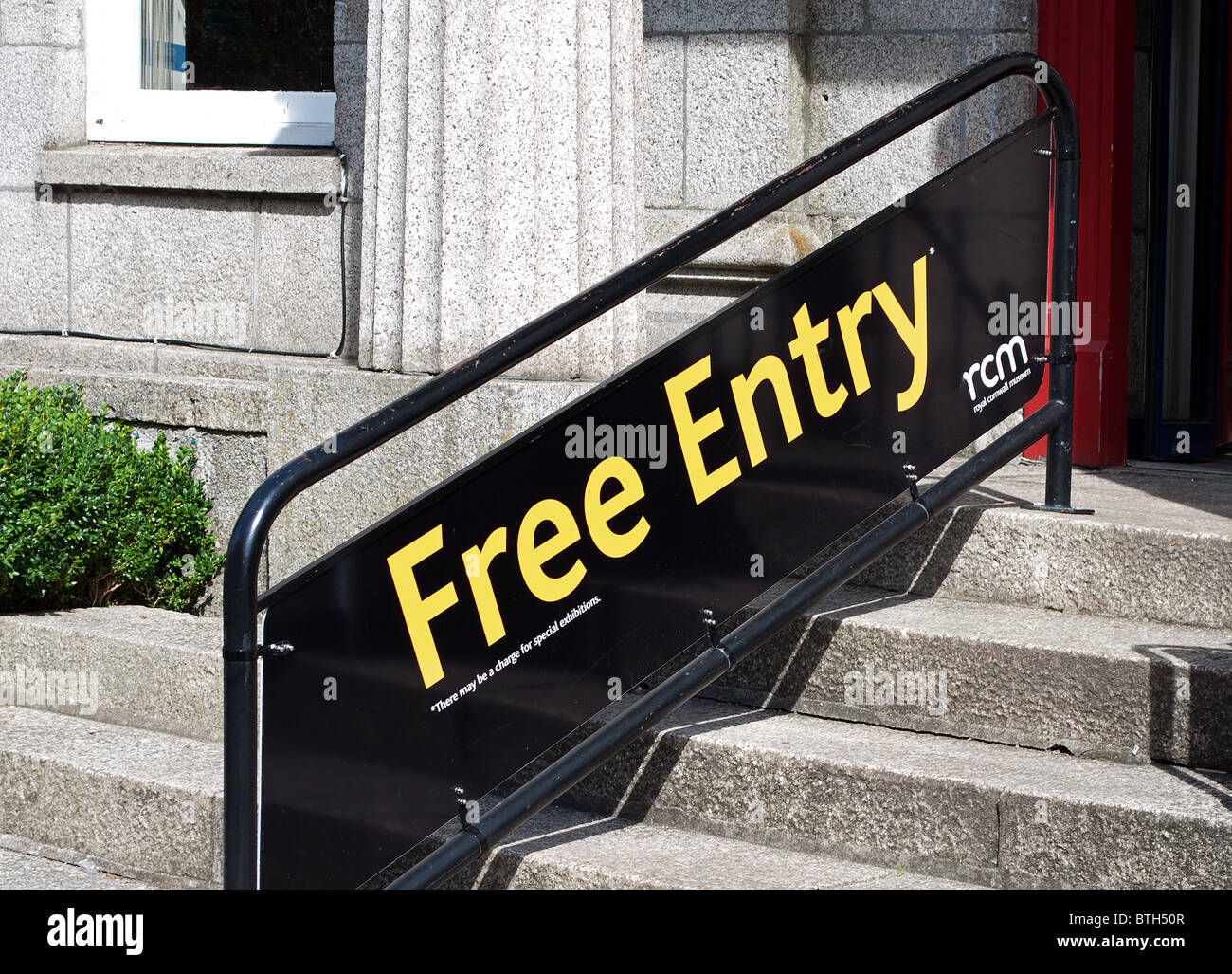 a free entry sign outside the royal cornwall museum, truro, uk Stock Photo