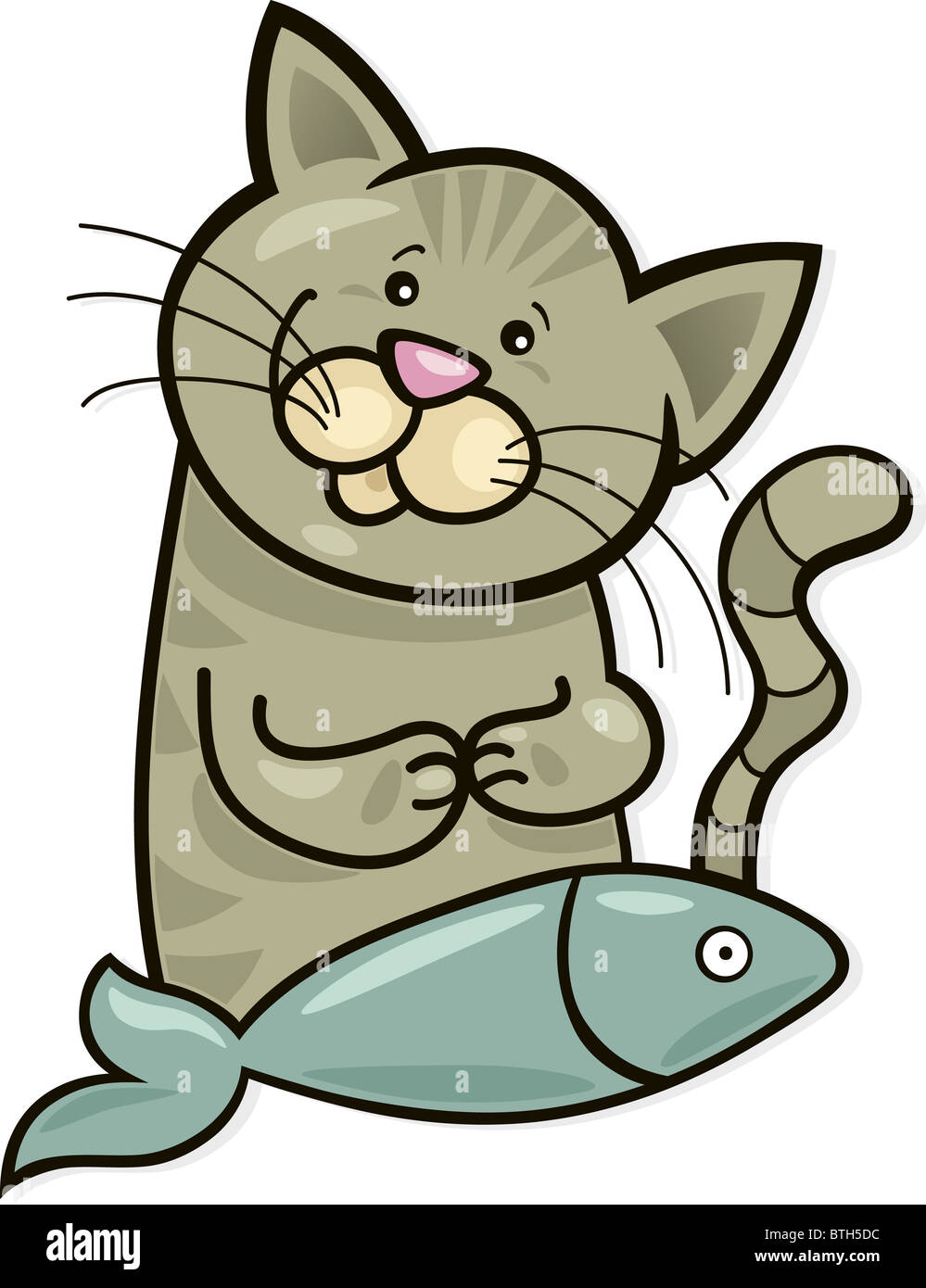 Illustration of happy cat with fish Stock Photo