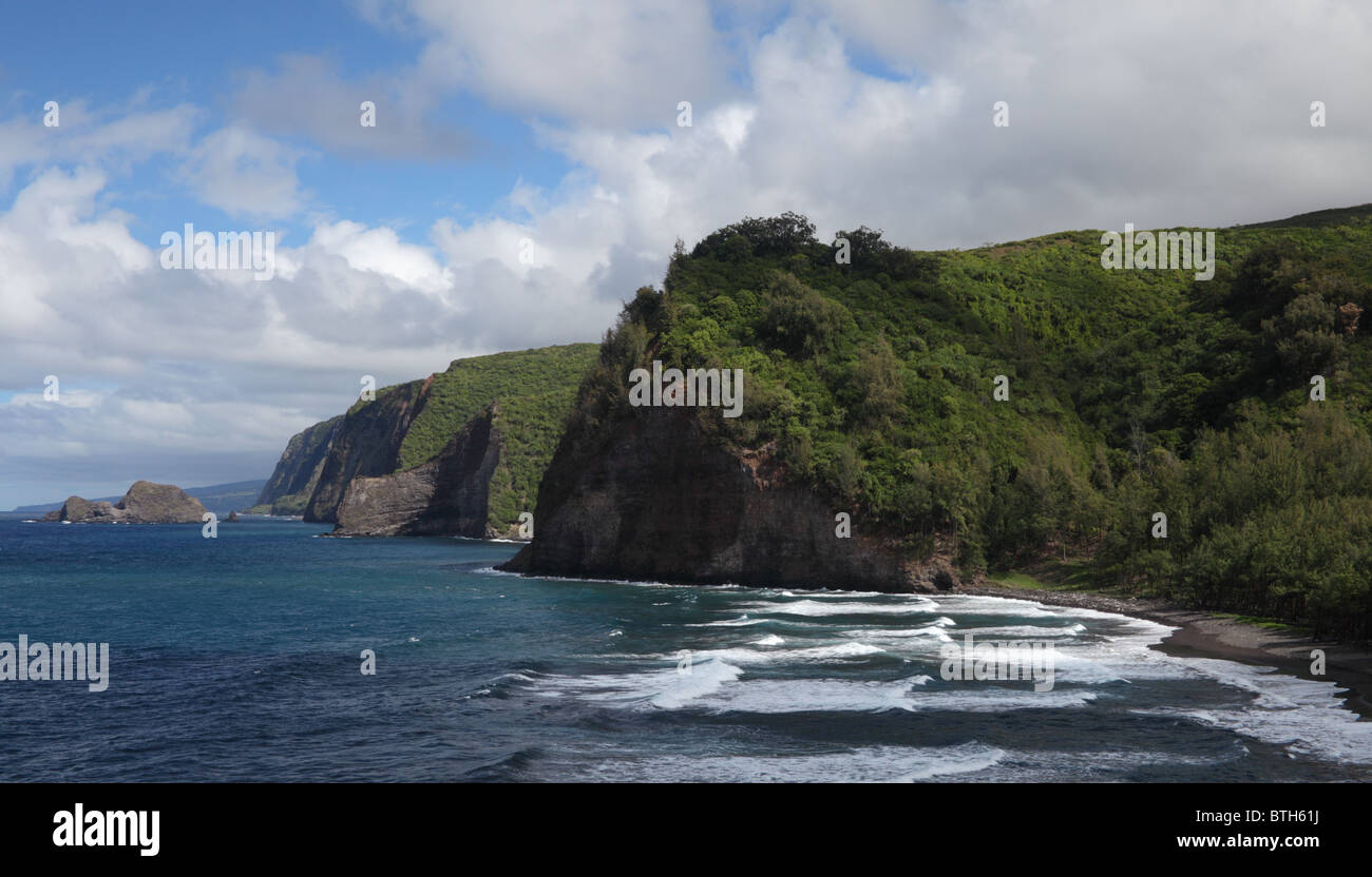Black sand beach at Pololu Valley and Big Island coastline Stock Photo