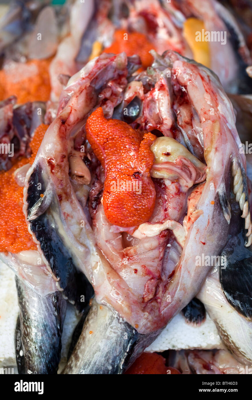 Monk Fish Roe on display in market Stock Photo