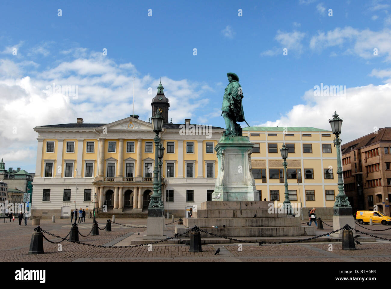 The statue of Gustavus Adolphus in Gothenburg Sweden iwith the Town Hall Stock Photo