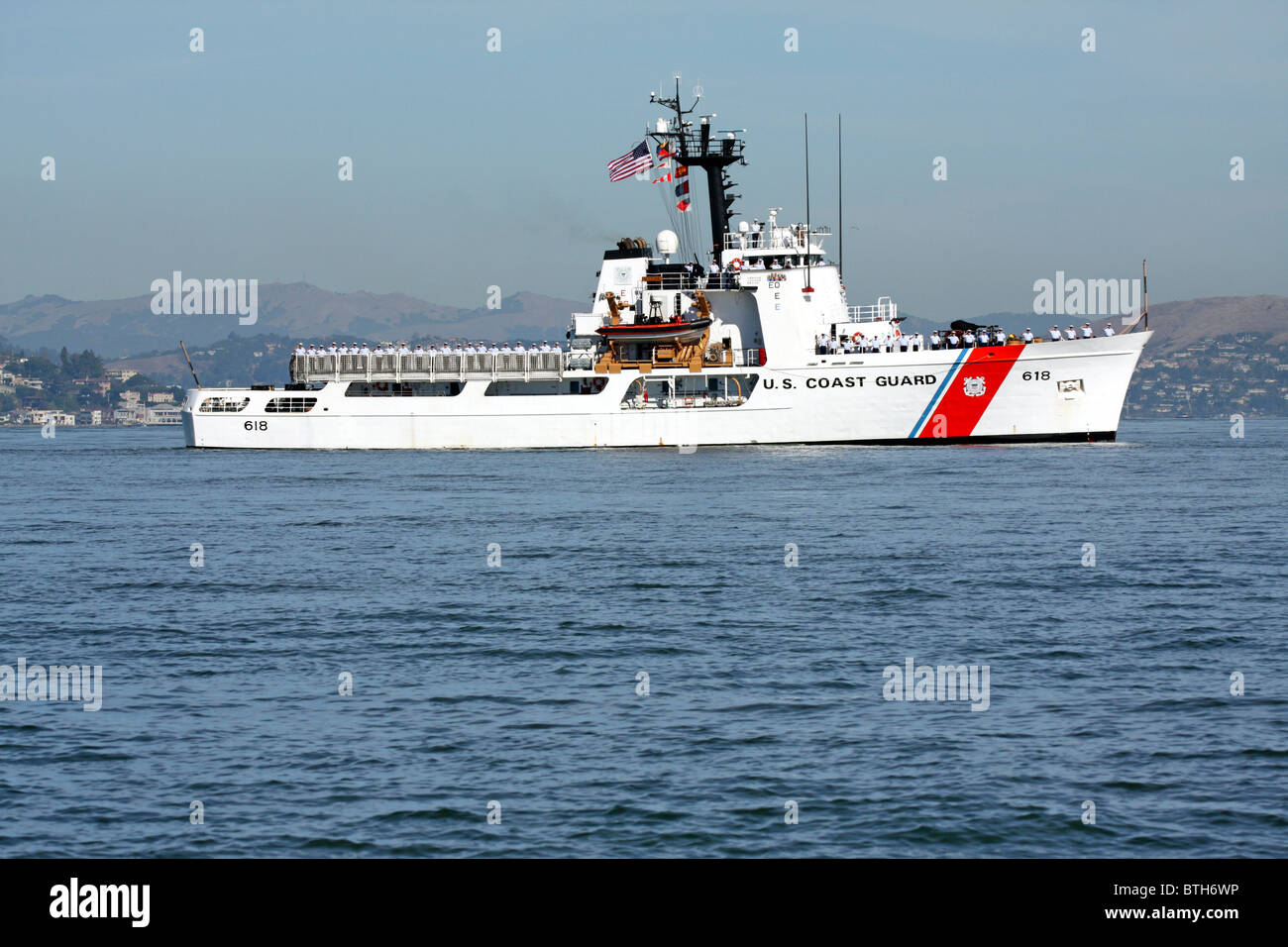 The United States Coast Guard Cutter Active (WMEC-618) travels across San Francisco Bay Stock Photo