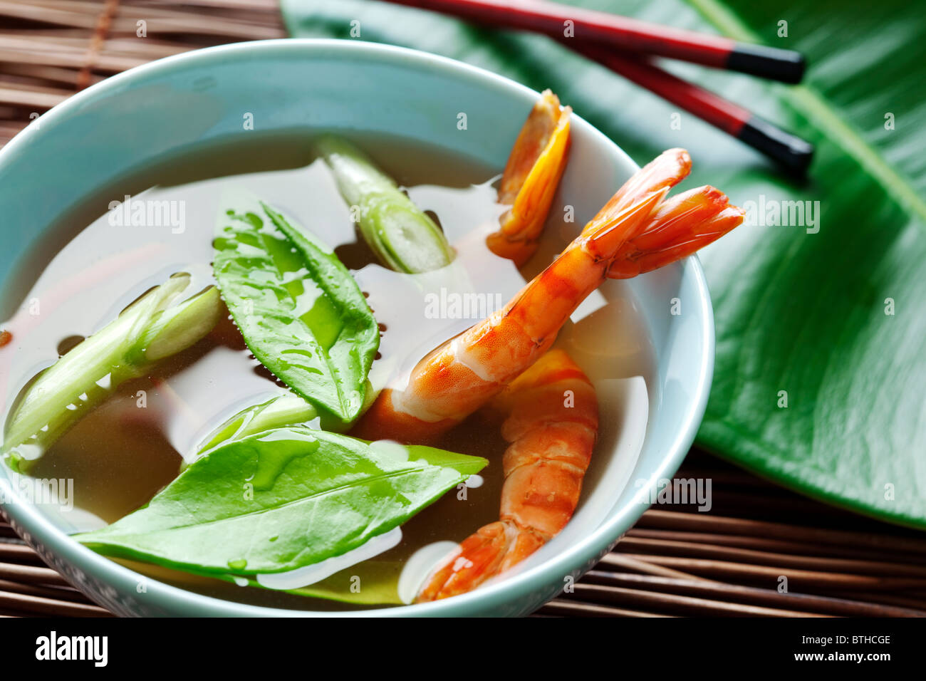 of prawn soup with kaffir leaves Stock Photo
