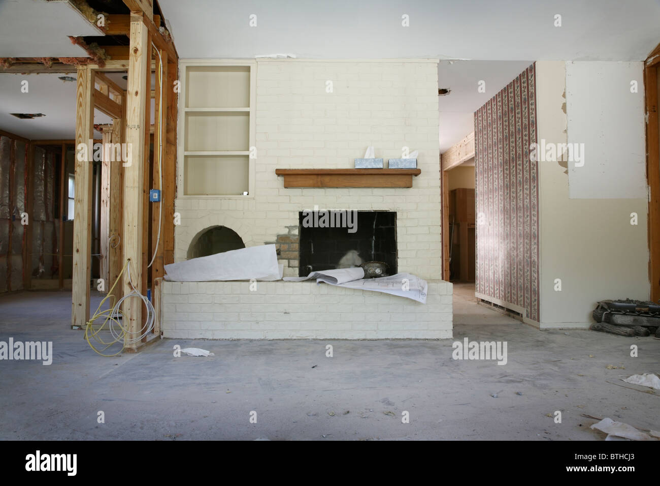 Brick Fireplace And Shelving In House Renovation Houston Texas