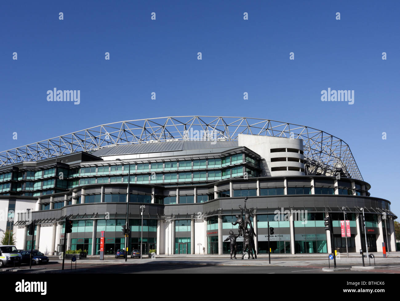 The imposing South Stand and Piazza at Twickenham,here viewed from a southerly aspect and incorporating Gerald Laing`s bronze. Stock Photo