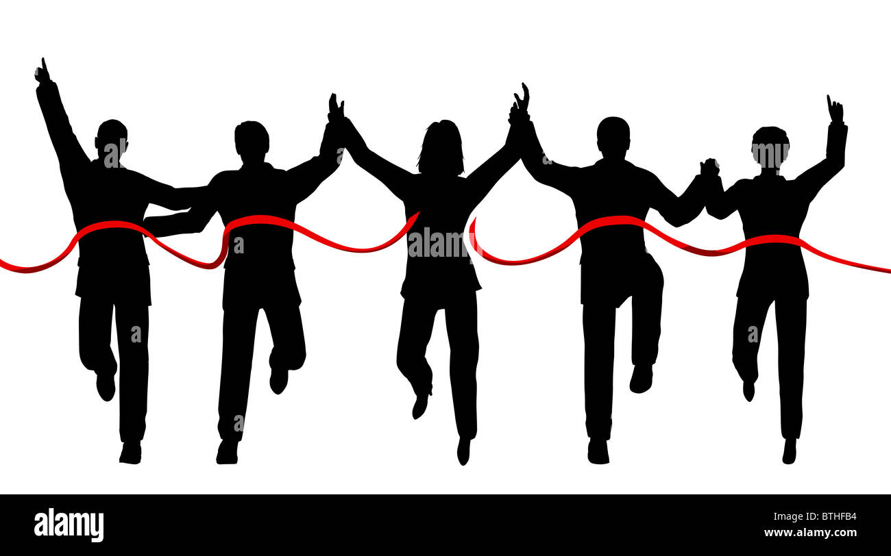 Silhouettes of a business team crossing a finishing line Stock Photo
