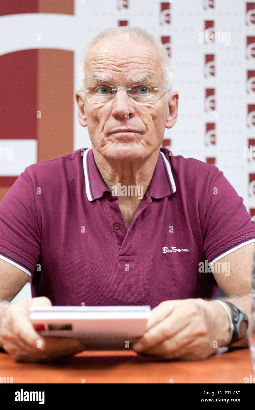 Buddhist Lama Ole Nydahl meets journalists on a press conference on October 18, 2010 in Lviv, Ukrain Stock Photo