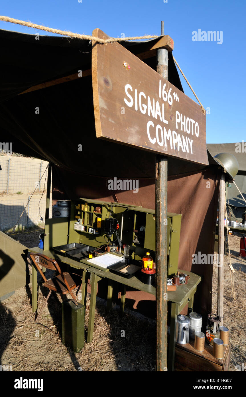 Reenactment of the tent of a US military photographer during WWII at the Camp Edward's Open House, MMR USA Stock Photo