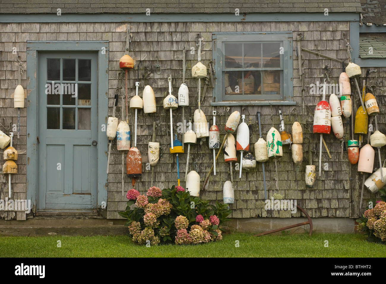 Home with Lobster Buoys Nantucket, Massachusetts Stock Photo