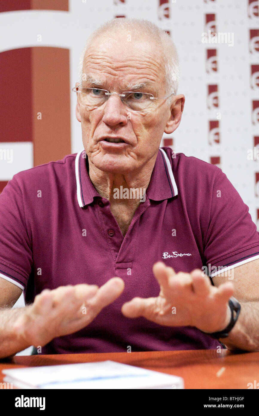 Buddhist Lama Ole Nydahl meets journalists on a press conference on October 18, 2010 in Lviv, Ukrain Stock Photo