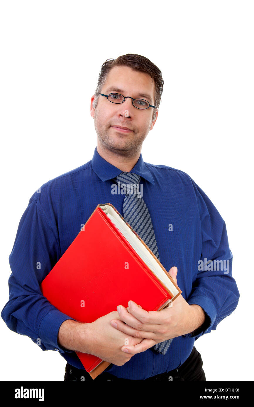 male nerdy geek carry books over white background Stock Photo