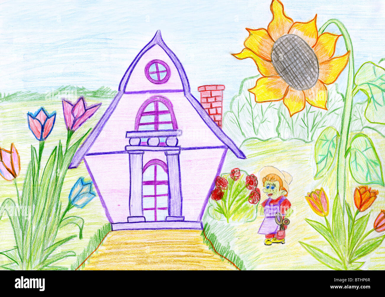 Child's drawing of a house and the little man.. Made by child Stock