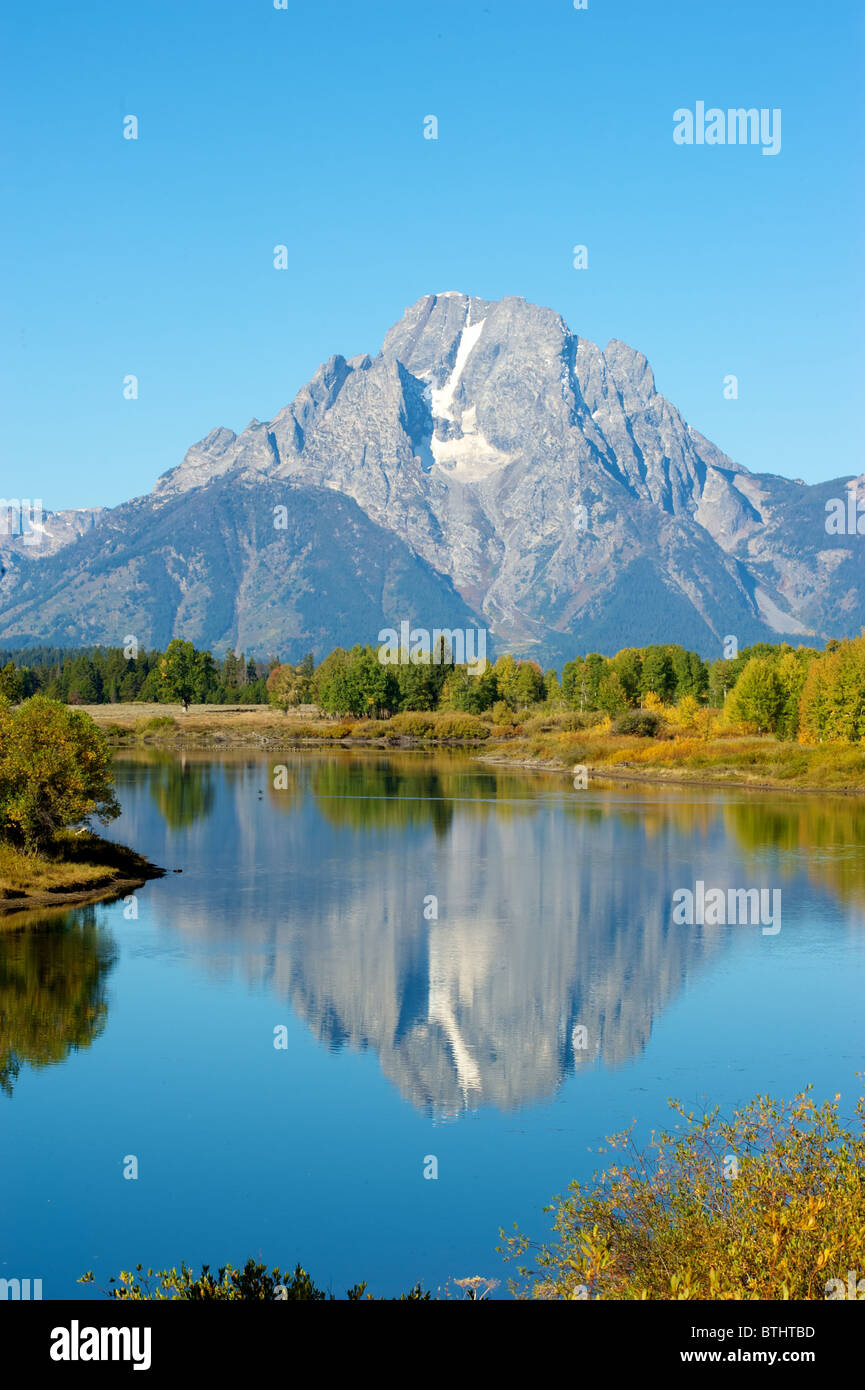 Mount moran reflected perfectly in Ox Bow Bend on the Snake River Stock Photo