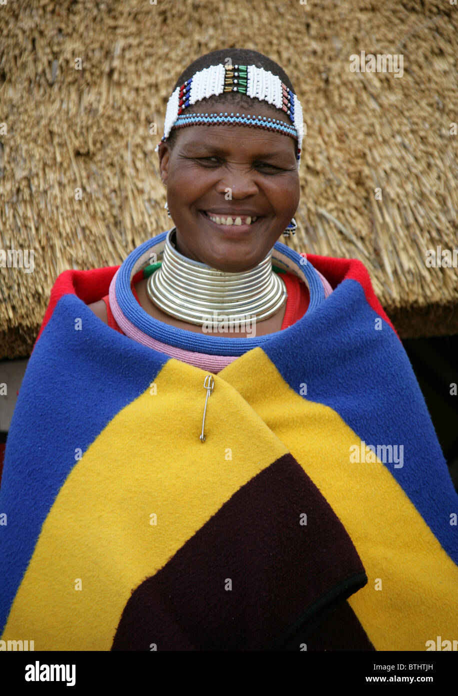 Ndebele Woman in Traditional Costume, Ndelebe Cultural Village, Botshabelo, South Africa. Stock Photo