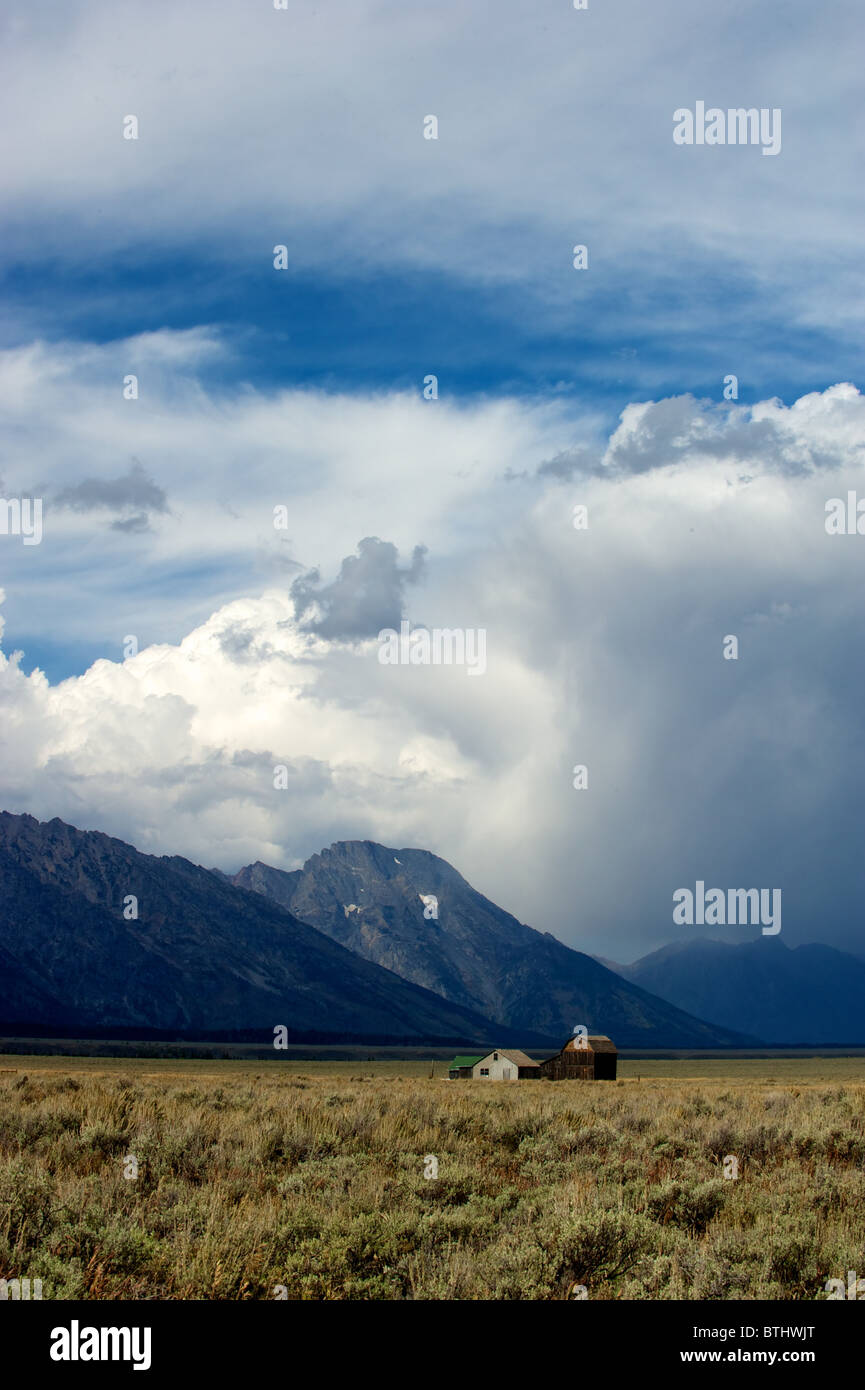 A Storm brews over Mormon Row, Grand Teton National Park, Wyoming Stock Photo