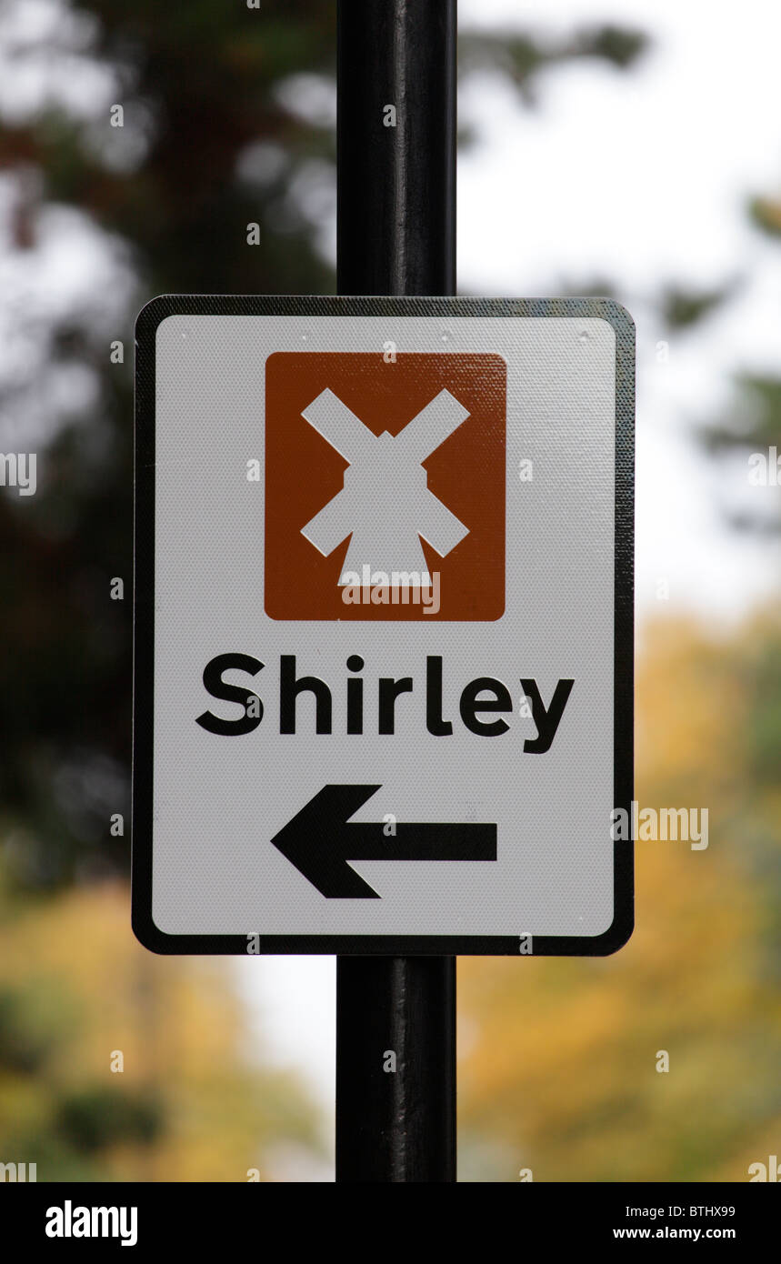 Road sign giving direction to the Shirley windmill Croydon Greater London UK Stock Photo