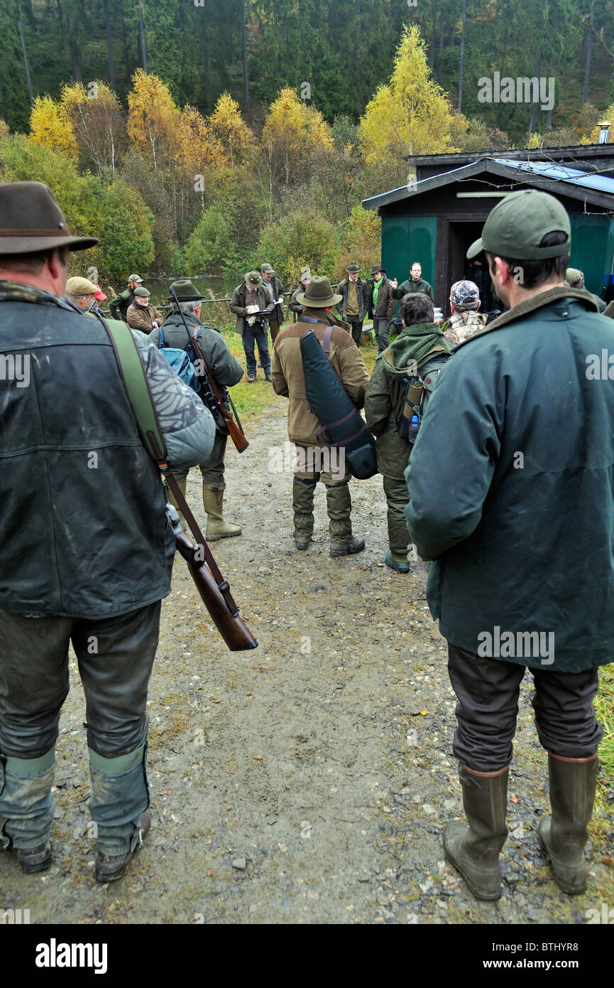 Meeting of hunters and game warden in the Ardennes, Belgium Stock Photo