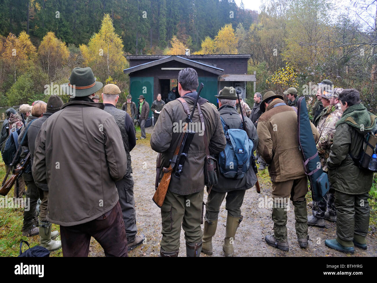 Meeting of hunters and game warden in the Ardennes, Belgium Stock Photo