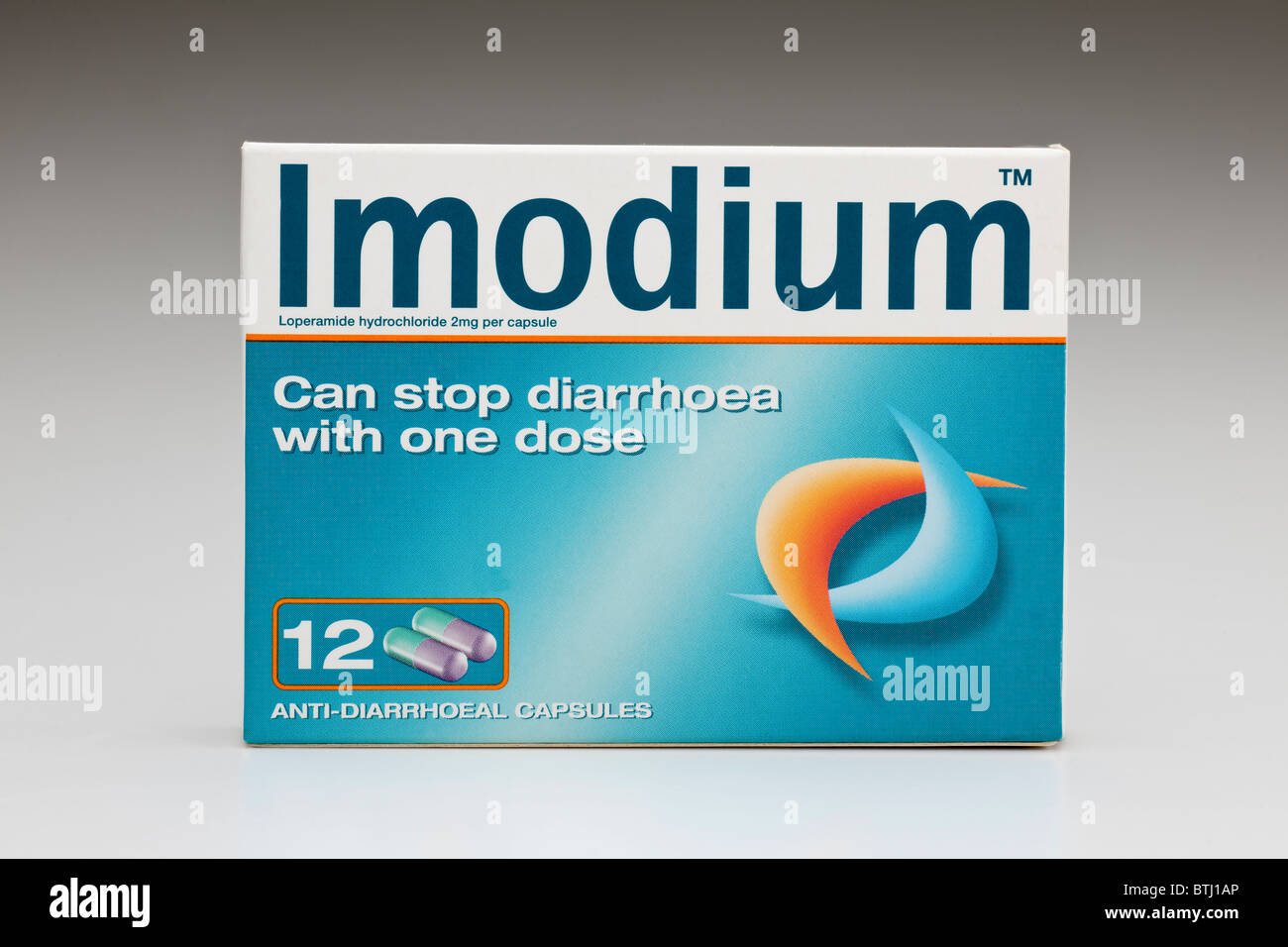 Box of Imodium 12 anti diarrhoeal capsules with Loperamide Hydrochloride Stock Photo