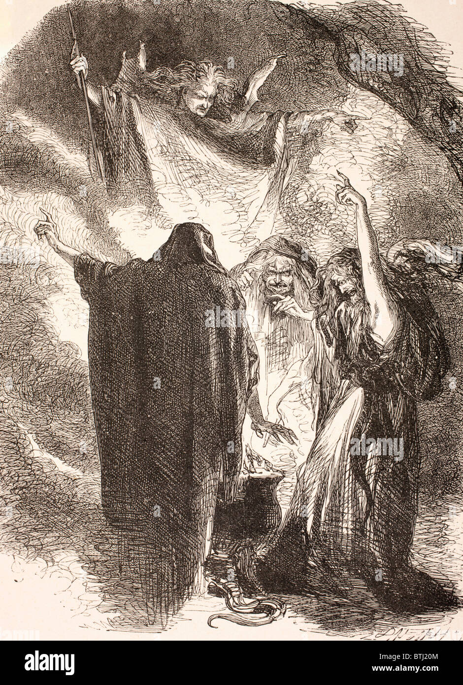 Illustration of the witches around their cauldron in William Shakespeare’s Macbeth. Stock Photo