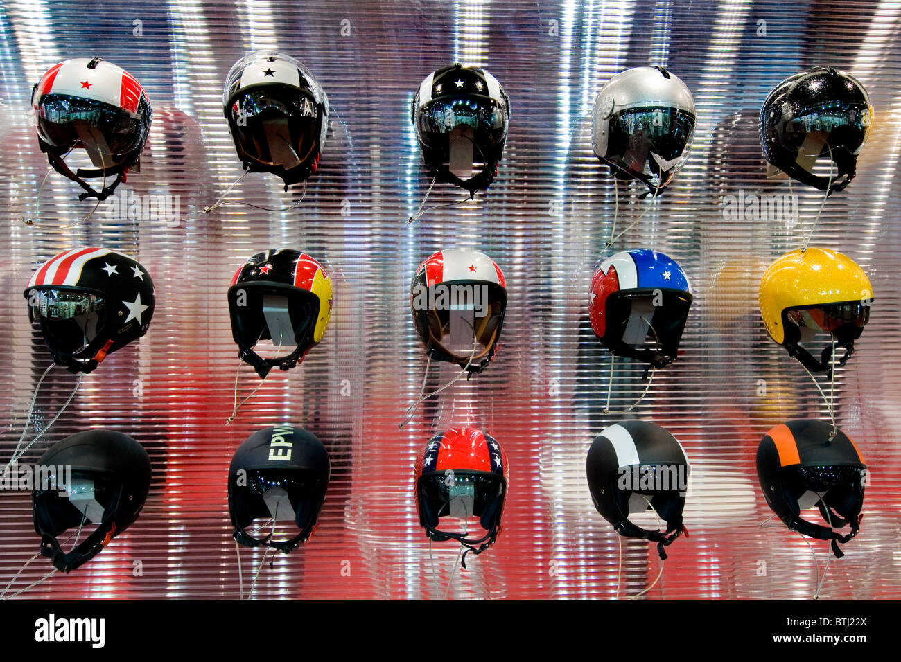 Helmets, Exibition bicycle and motorcycle, Milan 2010 Stock Photo