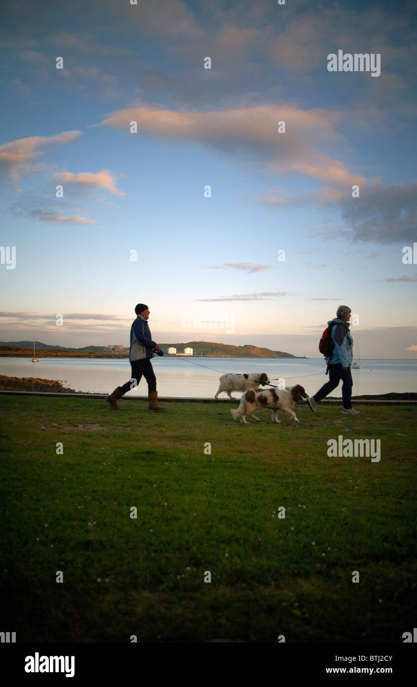 Two people walking their dogs on the Seafront at Millport on the Isle of Cumbrae, off the coast of Largs Ayrshire, Scoltland Stock Photo