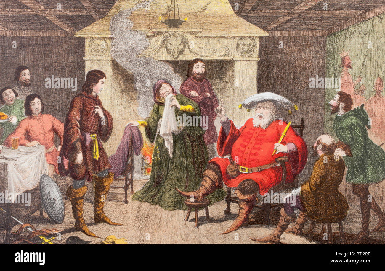 Falstaff enacts the part of the King in Henry IV, Part I, Act II, Scene IV, by William Shakespeare. Stock Photo