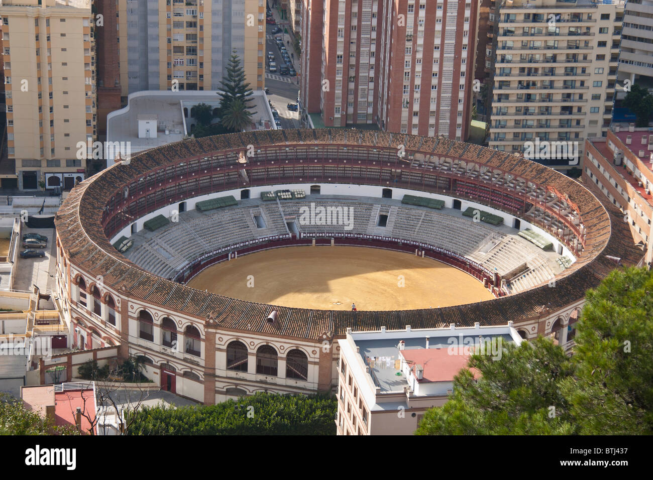 View looking down towards the Malaga Bull ring in Andalucia, Spain. Stock Photo