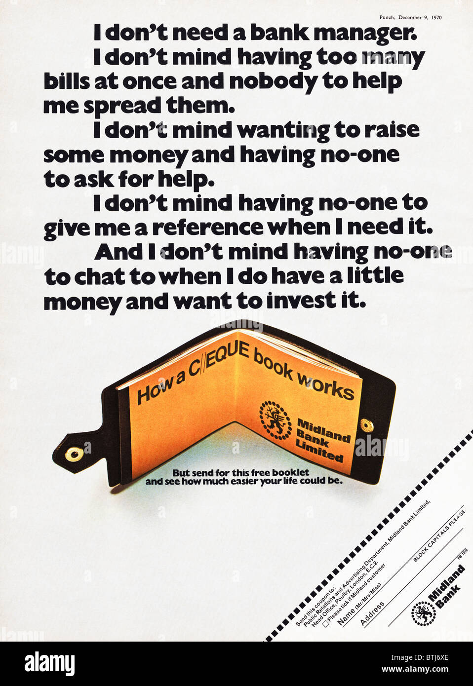 Advertising for Midland Bank on how a cheque book works in magazine circa 1970 Stock Photo