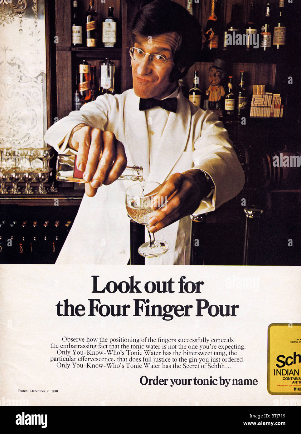 Advertising for Schweppes tonic water in Punch magazine circa 1970
