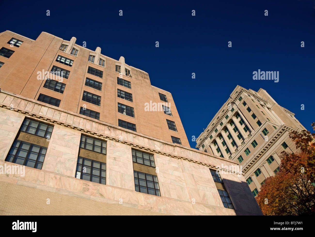Looking up at architecture in downtown Asheville, North Carolina Stock