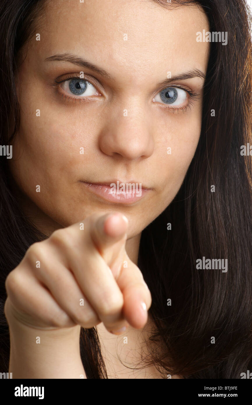 a young woman show with her fingertip Stock Photo Alamy