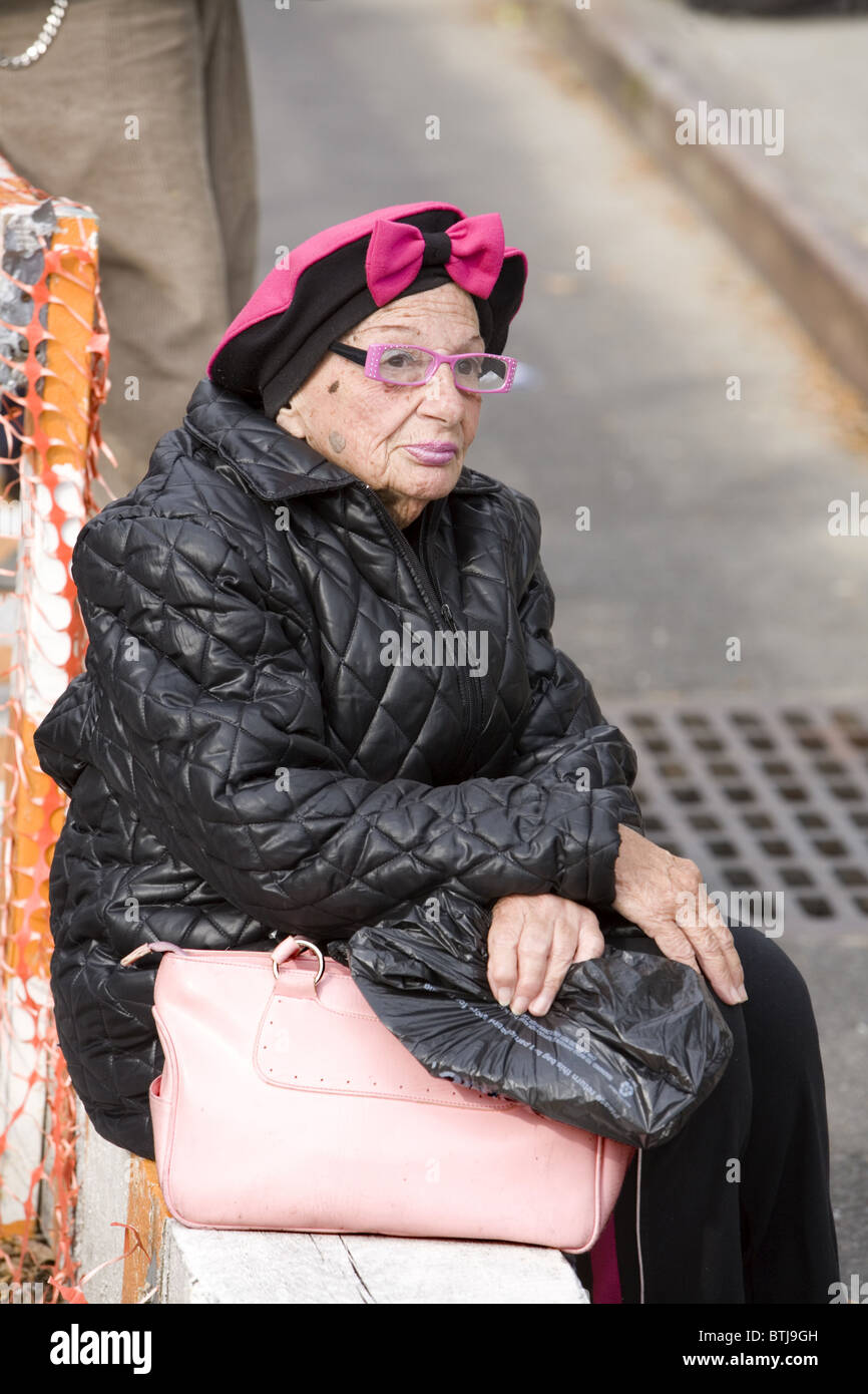 Eccentric looking elderly woman in Brooklyn, NY. Stock Photo