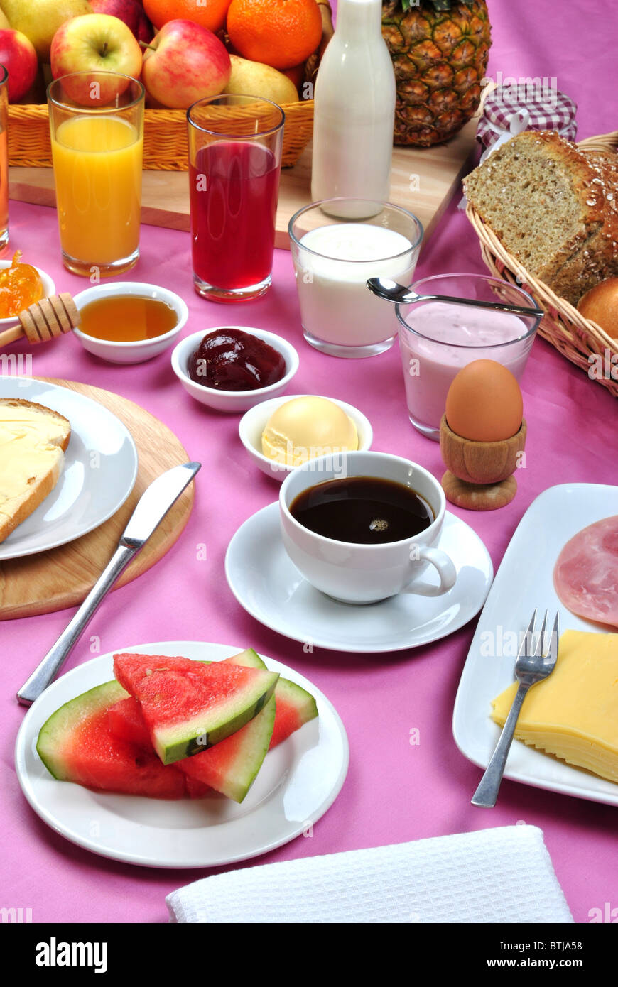 full breakfast with organic juice and jam Stock Photo - Alamy