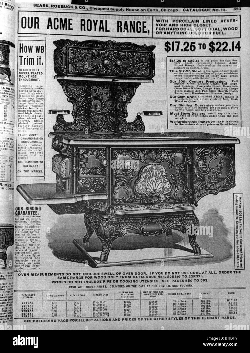 Ad for a coal oven in a 1902 Sears catalog. Stock Photo