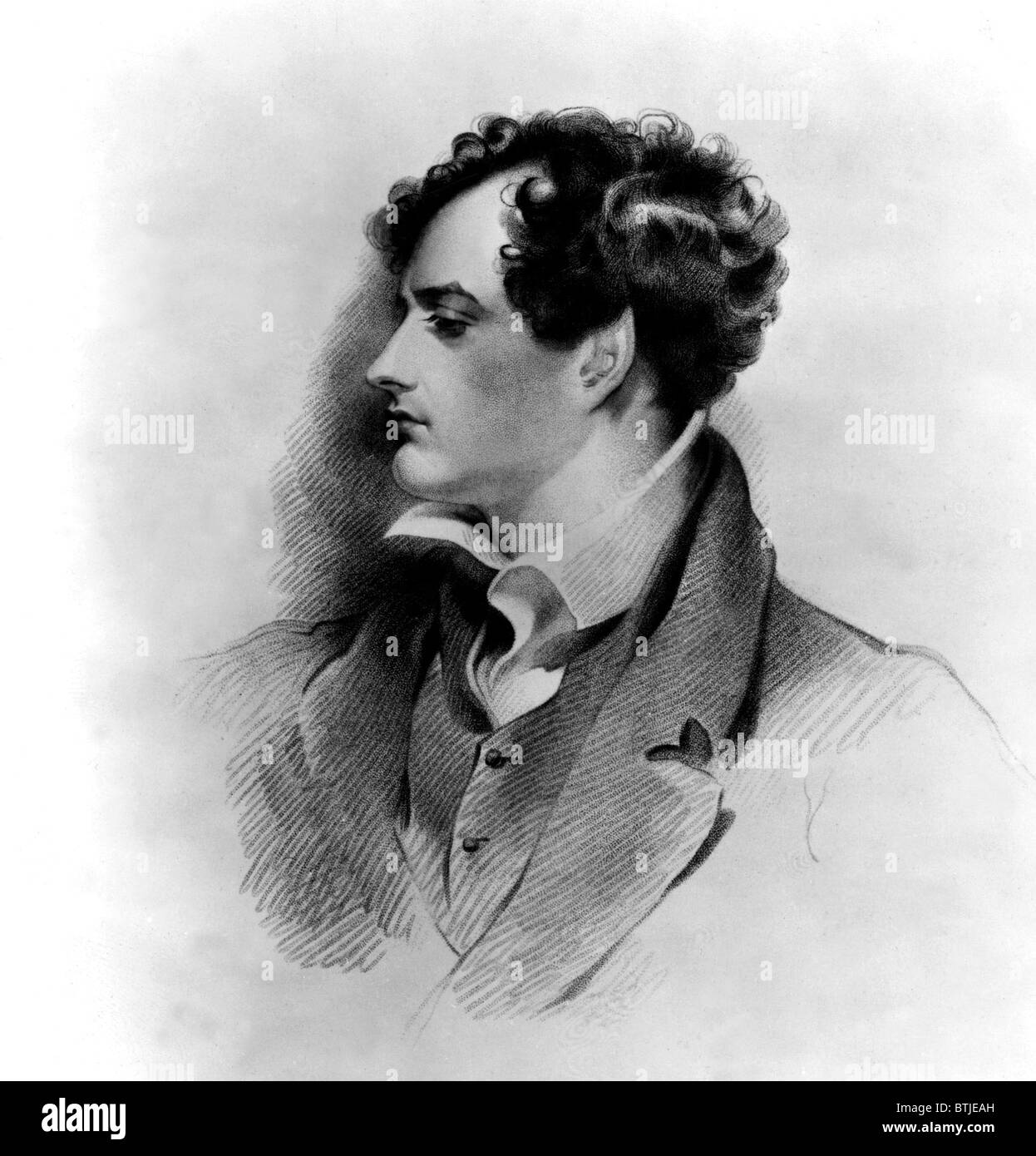 George Gordon Byron, Lord Byron. Engraved by H. Meyer, from an original drawing by G.H. Harlow. Stock Photo