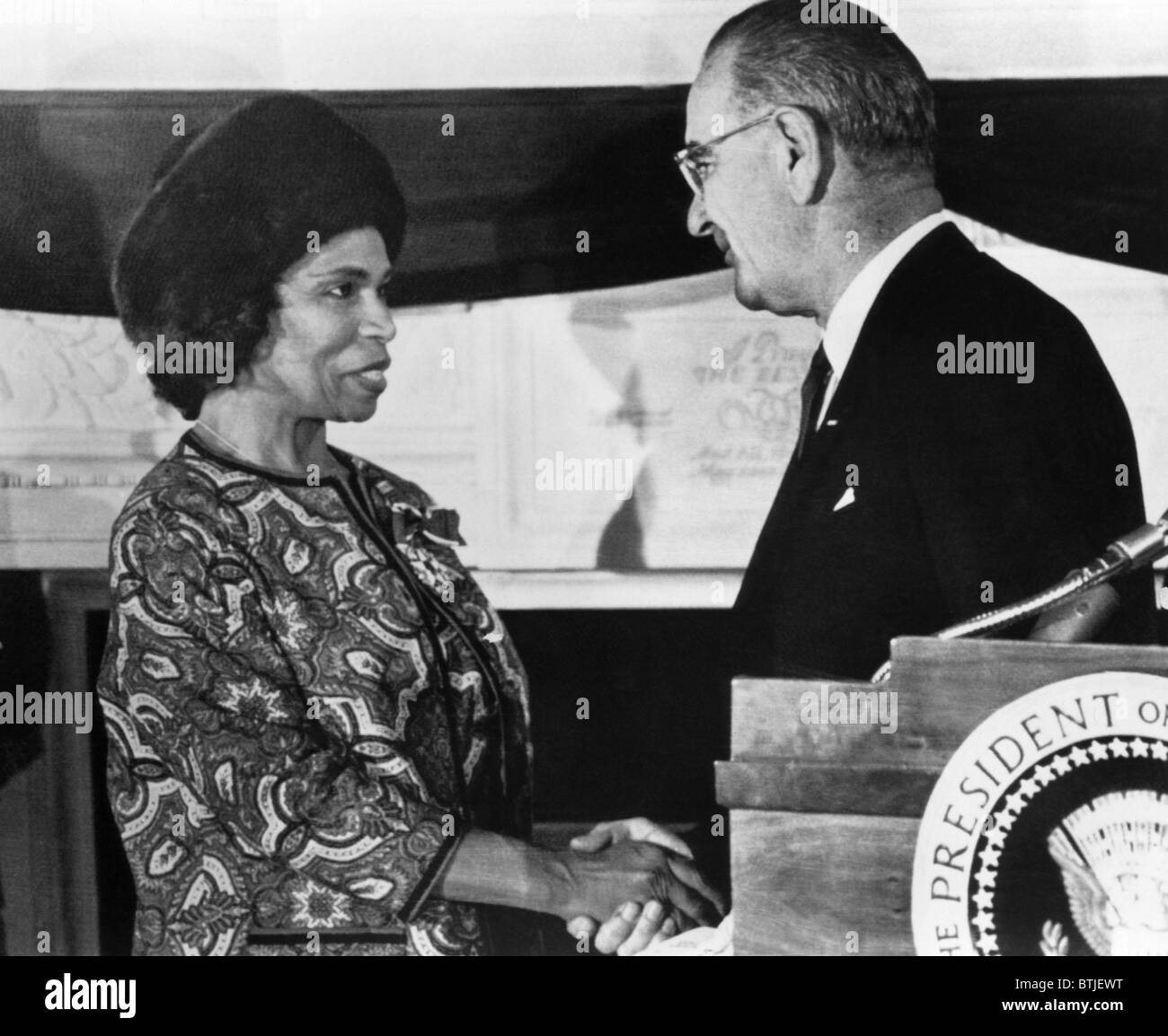 Marian Anderson is congratulated by President Lyndon B. Johnson at the White House during the presentation of the Presidential M Stock Photo