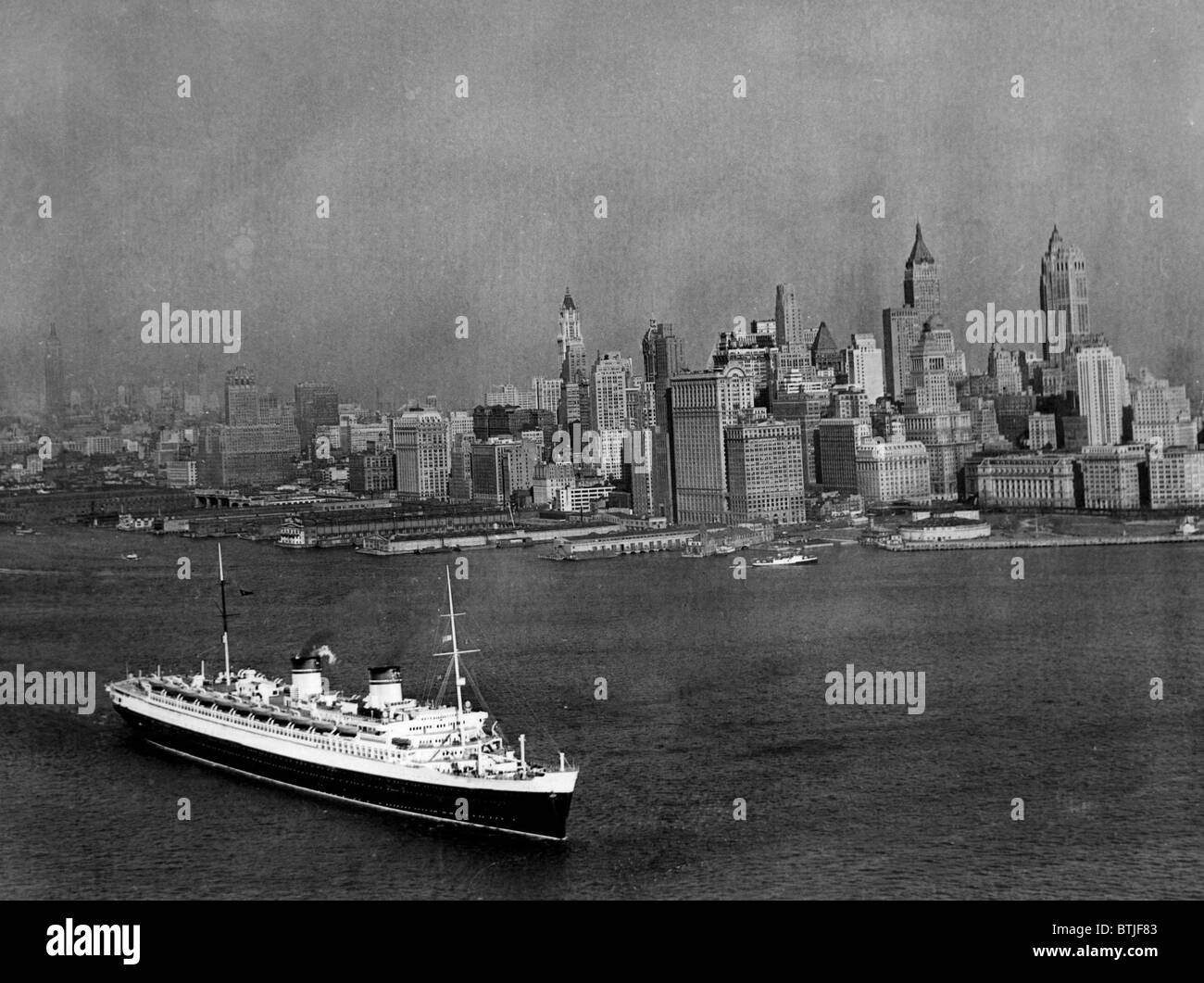 The S.S. Rex, and the New York City skyline, circa, 1939. CSU Archives/Courtesy Everett Collection Stock Photo