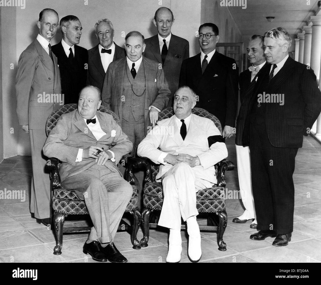 The Pacific War Council, front, l-r: Winston Churchill, President Franklin D. Roosevelt, back, l-r: Dr. Eelco Van Kleefens, Owen Stock Photo