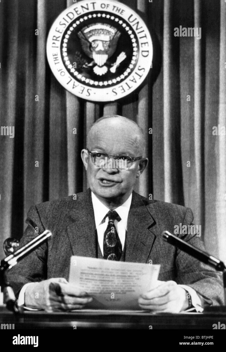 President Dwight D. Eisenhower in the broadcast room of the White House. January 24, 1955. Courtesy: CSU Archives/Everett Collec Stock Photo