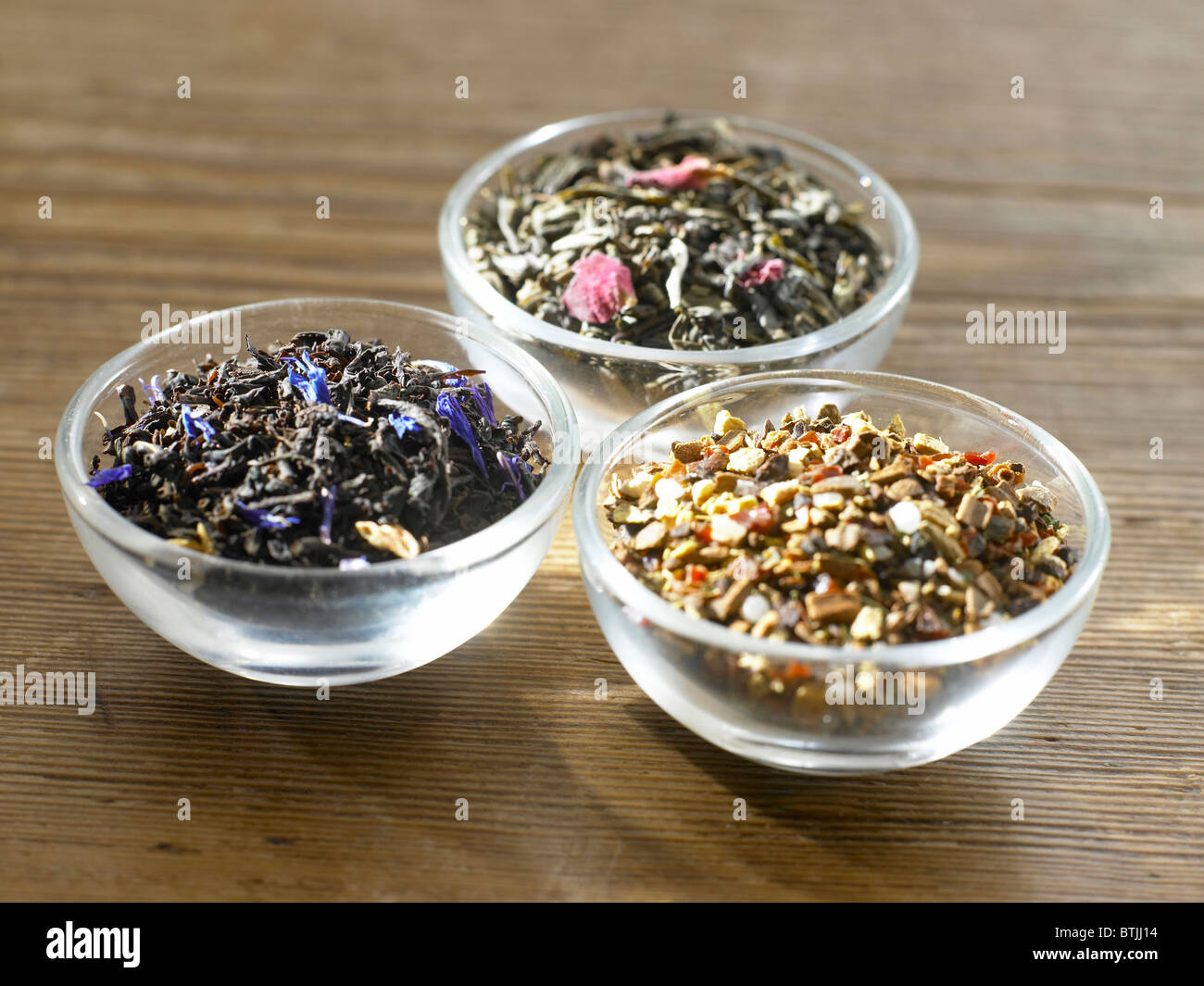 three types of tea leaves Stock Photo Alamy
