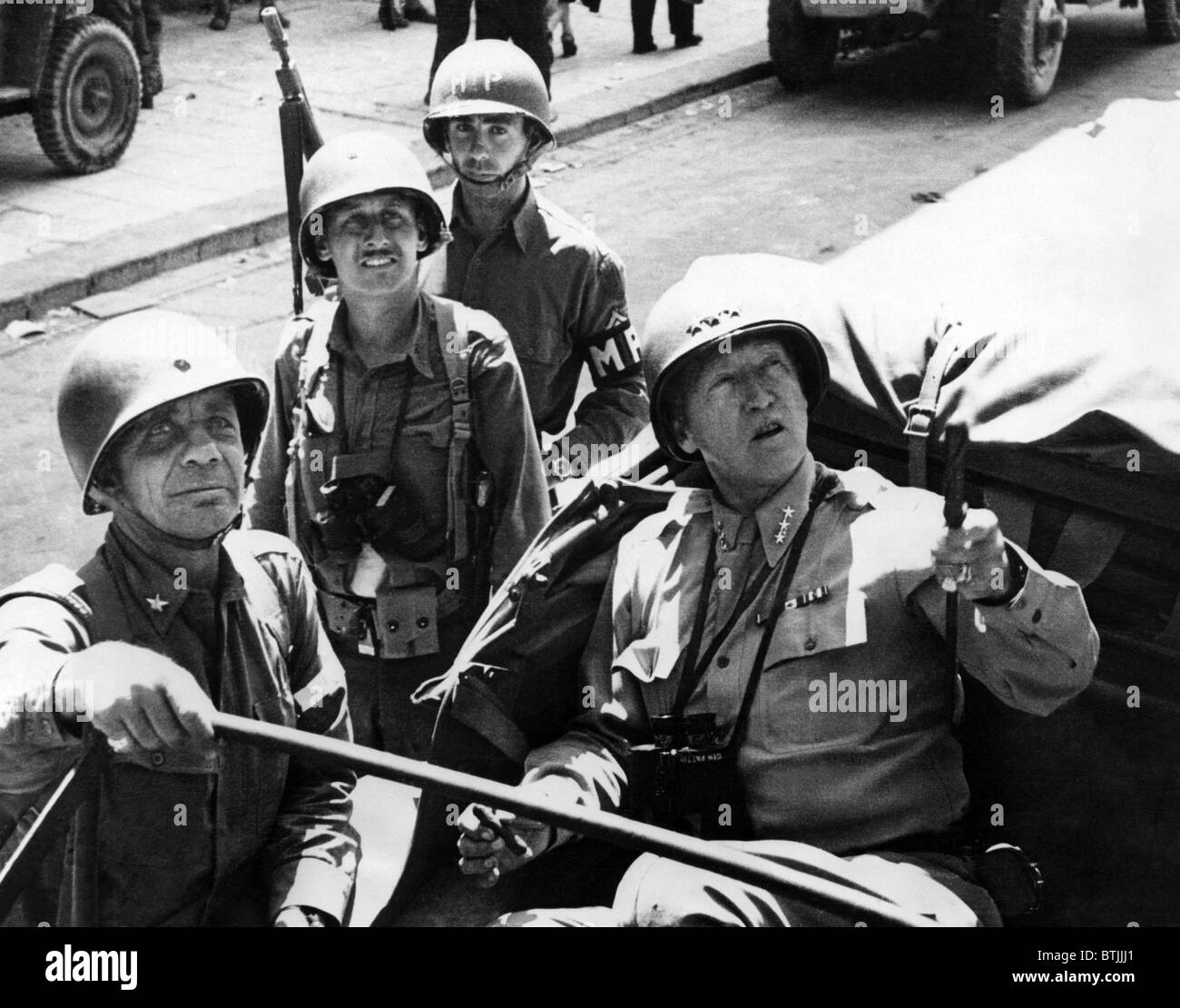 front row: General George Patton, General Theodore Roosevelt, Sicily, 1943. Stock Photo