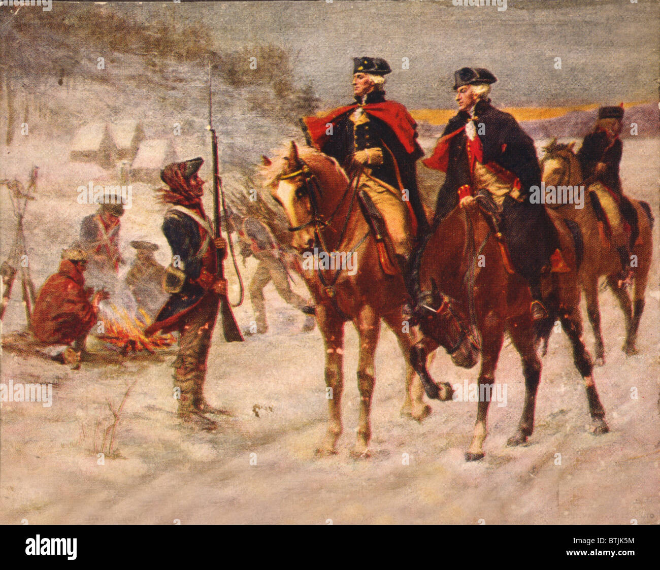 The American Revolution, Washington and Lafayette at Valley Forge, President George Washington and Marquis de Lafayette on horseback in at winter quarters in Valley Forge, by John Ward Dunsmore, circa 1907. Stock Photo